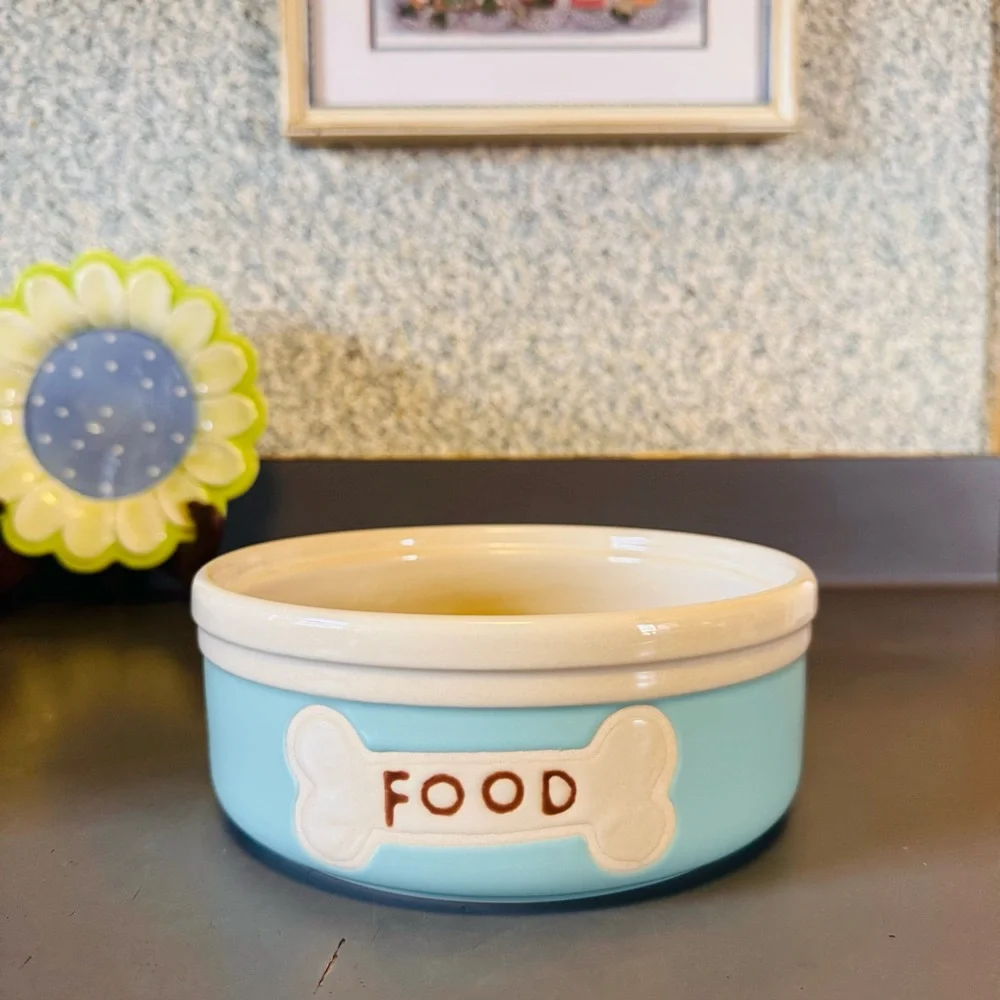 Ceramic Dog Bowl Blue White & Food, Brown Letters With Brown Bone Print